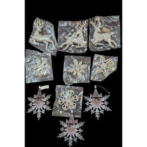 Glittery Christmas Ornaments Lot Snowflakes Reindeer Snowman Decor Silver & Red